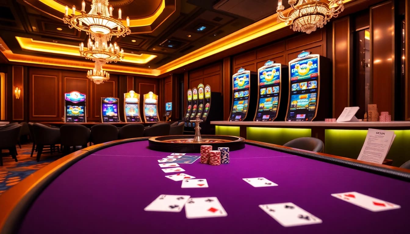 Immersive casino experience with poker, roulette, and colorful elements at Okfun.