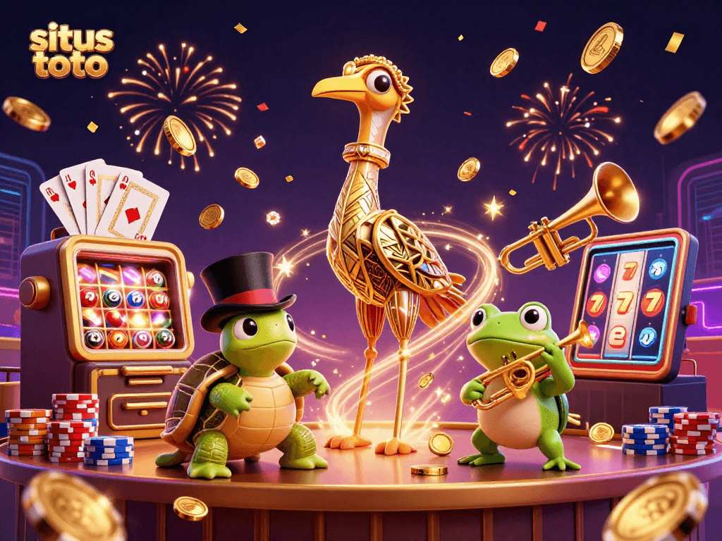 Situs toto brings excitement with a vibrant lottery machine, surrounded by festive casino elements.