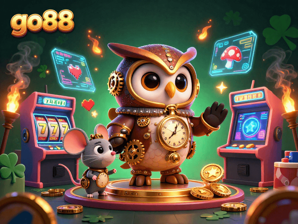 Engage with go88's dynamic casino adventure featuring a time-traveling owl and vibrant slot game elements.