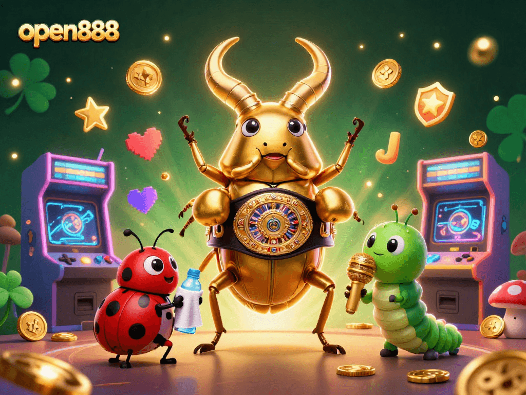 Engage with open888's thrilling games featuring a giant golden stag beetle showcasing casino excitement.