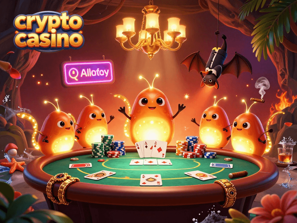 Experience the thrill of the crypto casino with glowworms illuminating a vibrant poker scene.