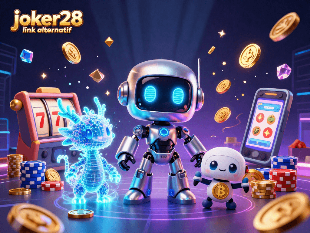 Mengalami kelas permainan di joker28 link alternatif dengan robot dan naga holografik dalam suasana kasino digital.
