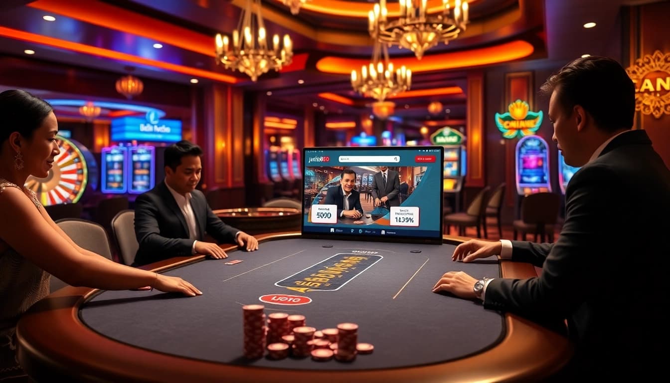 Experience high-stakes poker action at jun88.rodeo with vibrant chips and glamorous casino ambiance.
