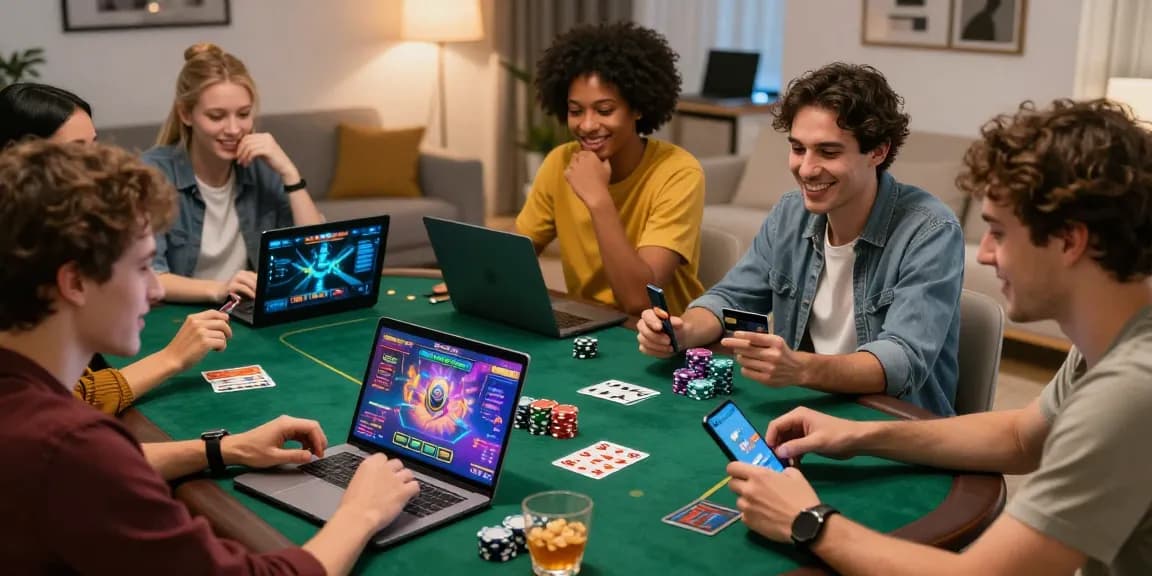 Credit card casinos scene featuring friends playing at home enjoying online games at https://eviz.org.uk with laptops and chips.