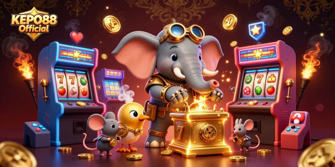Win big with KEPO88 Official as the steampunk elephant operates a vibrant golden slot machine amidst exciting casino elements.