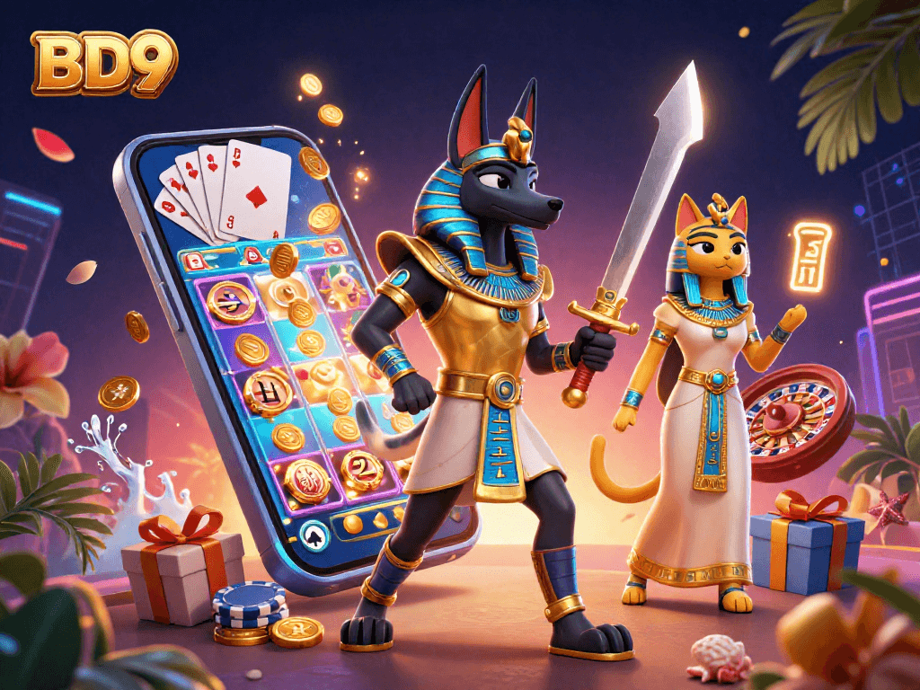Experience the thrill of BD9 with Anubis and Bastet amidst dynamic casino games and rich, immersive visuals