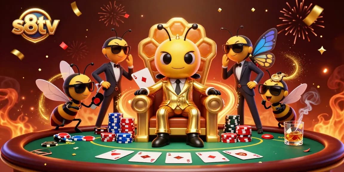 Experience thrilling gameplay with s8tv's vibrant poker scene featuring a cartoon bumblebee mob boss.