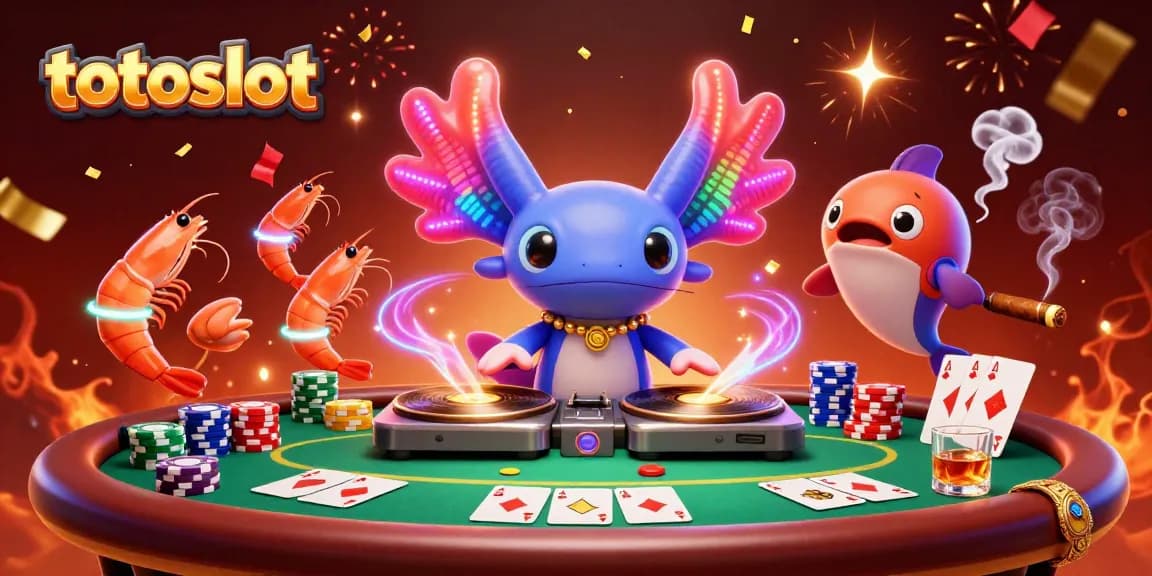 Totoslot brings excitement as a neon axolotl DJ spins tracks surrounded by vibrant poker elements.