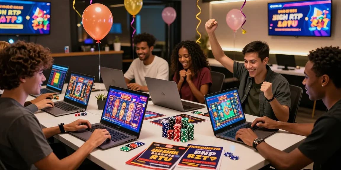Gamers enjoying new online slot sites at a lively celebration, showcasing vibrant interfaces and exciting gameplay.
