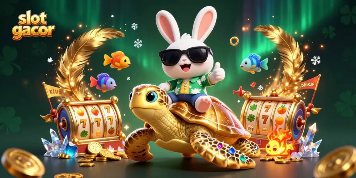 Menangkan slot gacor dengan kelinci keberuntungan dan penyu emas dalam ilustrasi warna-warni penuh detail.