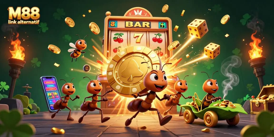 Experience excitement with M88 link alternatif as ants embark on a heist amidst casino elements.