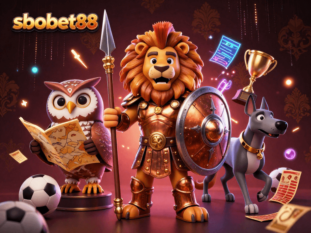 SBOBET88 showcases a dynamic sports betting scene with animated characters and betting elements, capturing the excitement of the game.