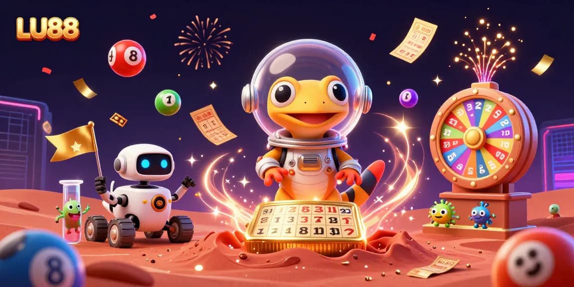 LU88 casino adventure with a Martian gecko and robot rover exploring riches among joyfully bouncing lottery balls.