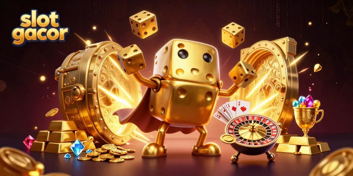 slot gacor menghasilkan kemenangan besar dengan dadu emas dan harta berlimpah dalam ilustrasi kasino