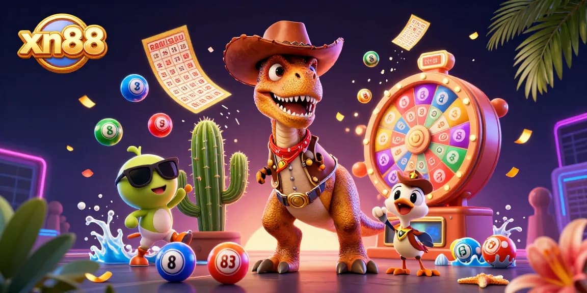 Experience thrilling fun with xn88 as the cowboy dinosaur T-Rex and friends play vibrant casino games with colorful lottery elements.
