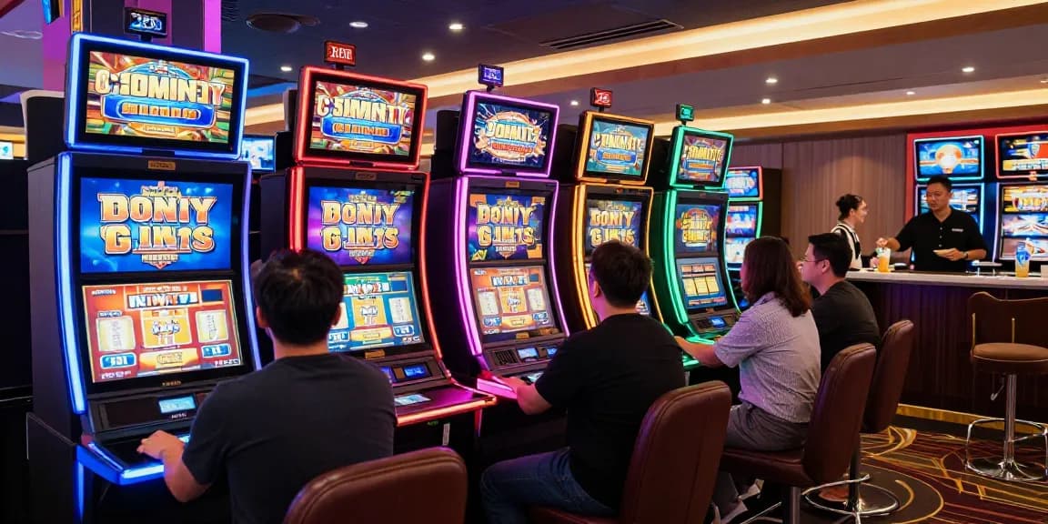 Players engaged in bonus buy slots at a lively casino with vibrant slot machines.