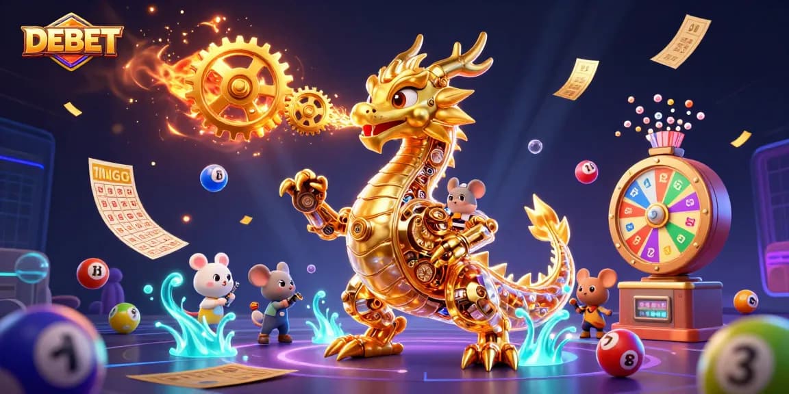 DEBET's vibrant 3D illustration showcasing a golden dragon breathing gears amid dynamic casino elements.