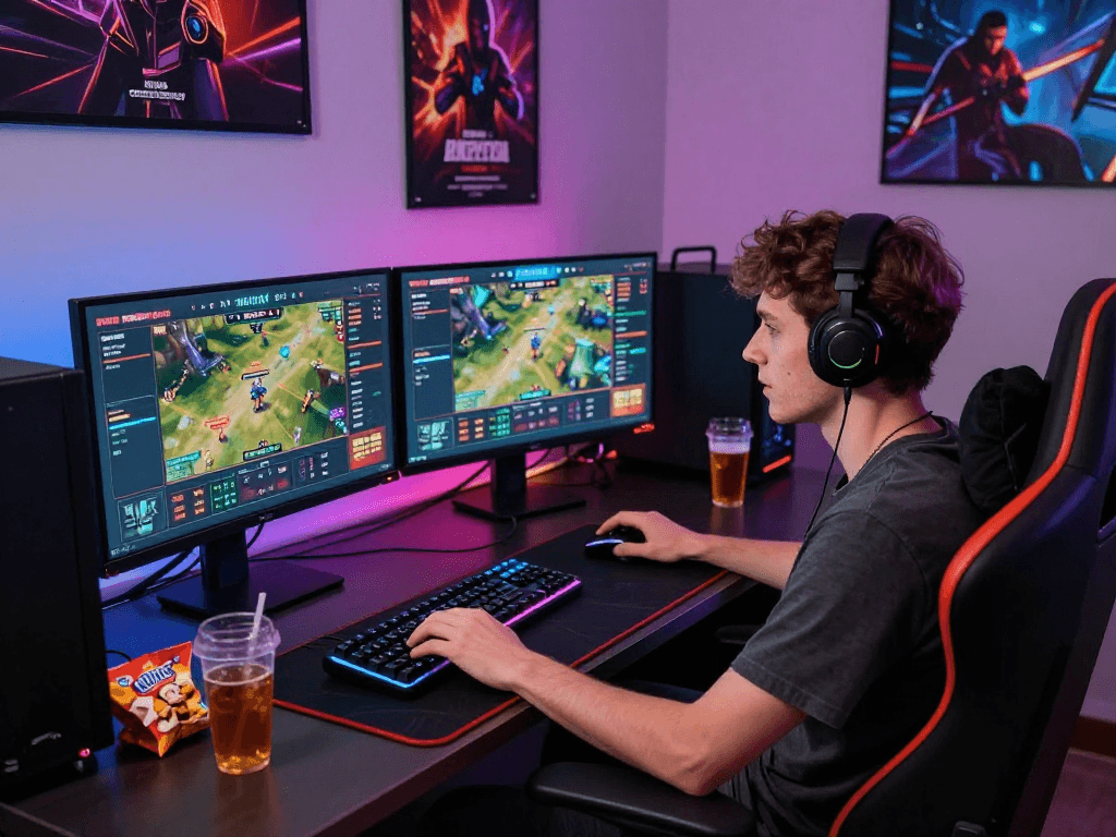 Engaged user utilizing FairPlay login on multiple gaming monitors in a vibrant gaming setup