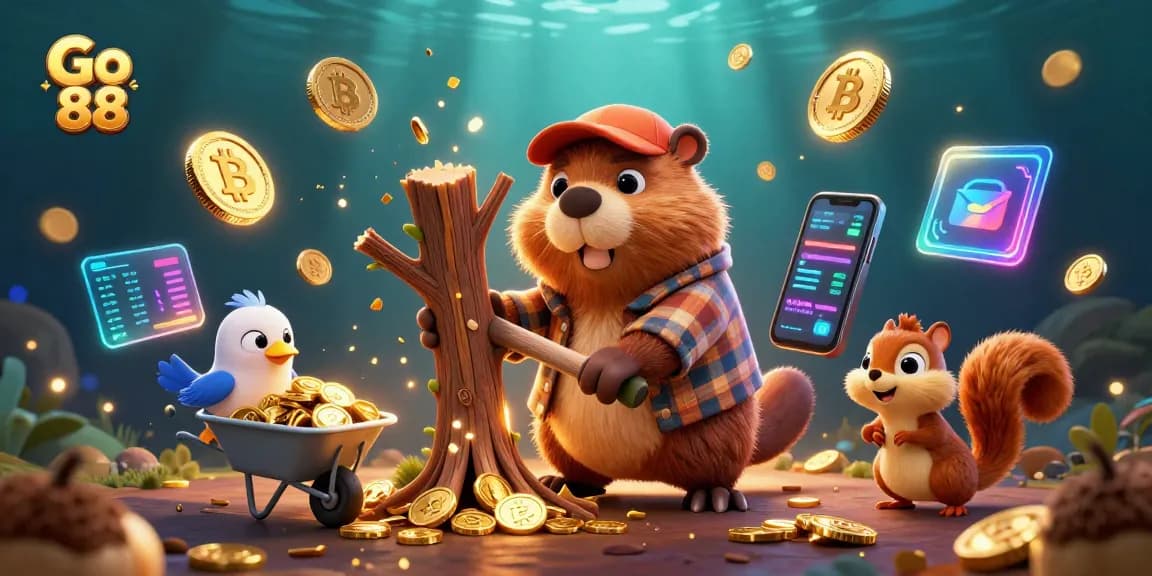 Engage in gaming action at Go 88, featuring lively characters amidst winning symbols and gold.