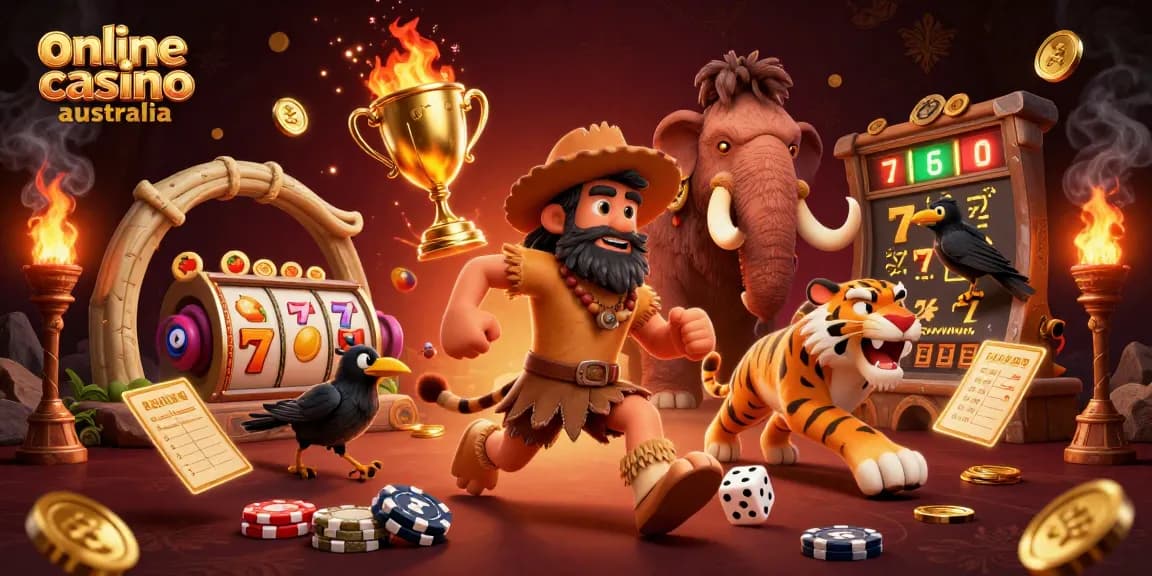 Experience the vibrant atmosphere of online casino australia with a cartoon caveman duo and dynamic slot elements.