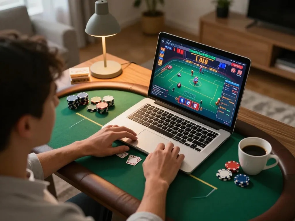 Engaging online gaming moment at BK8, showcasing poker gameplay on laptop with chips at home.