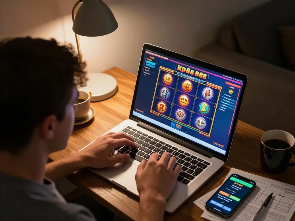 Engaging gameplay experience at kp88 casino on laptop, showcasing a vibrant slot game and relaxed atmosphere.
