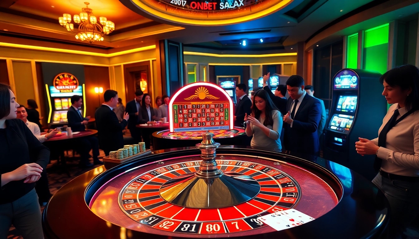 Players celebrating their wins on ONBET in a vibrant gambling atmosphere.