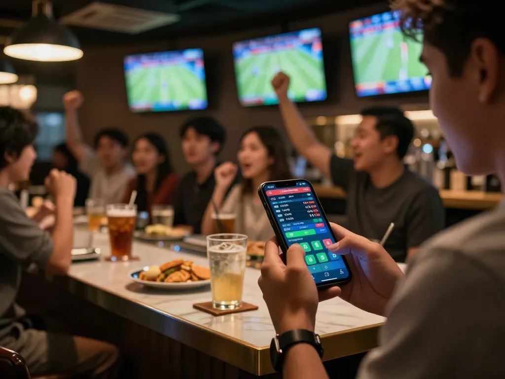 Sports enthusiasts evaluating soi keo nha cai through mobile betting app in a bustling sports bar.