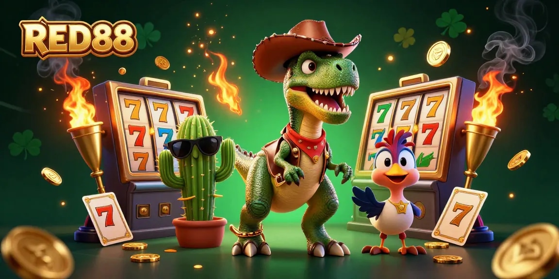 Join the excitement at RED88 casino with a vibrant T-Rex, cactus, and roadrunner illustration.