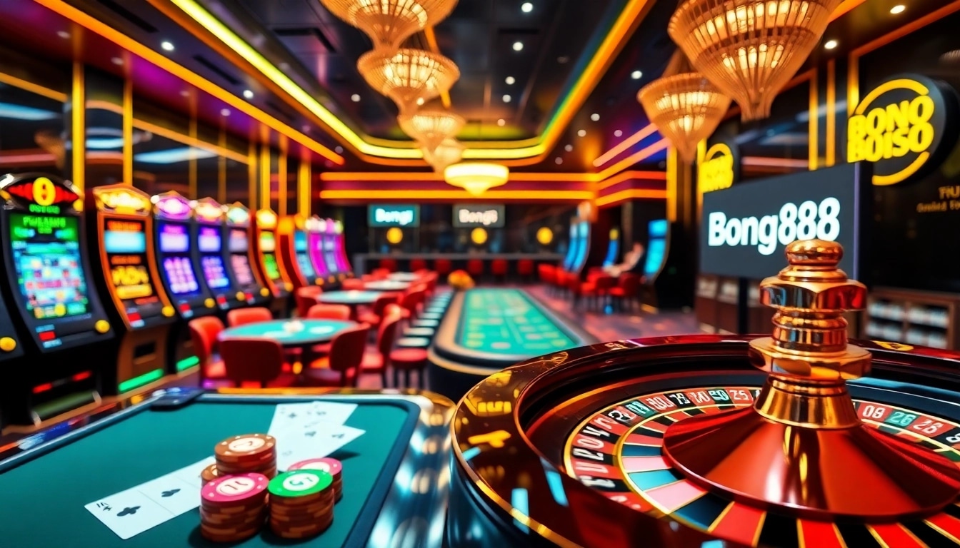 Bong88 poker table action with vibrant casino atmosphere and digital betting slips.
