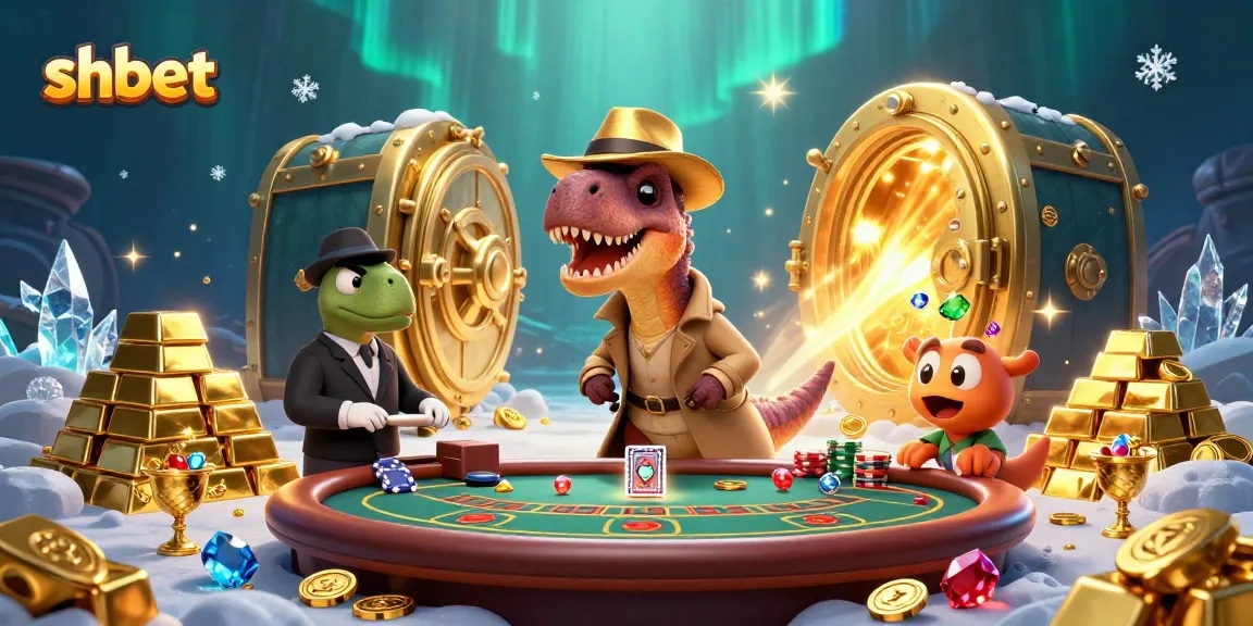 Join shbet for an exciting blackjack experience as our dinosaur characters navigate a vibrant casino scene.