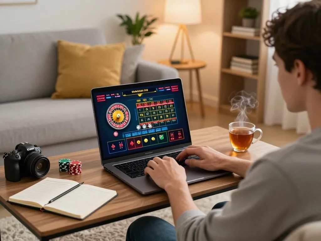 Player enjoying King33 online roulette game in a cozy living room, demonstrating responsible gaming.
