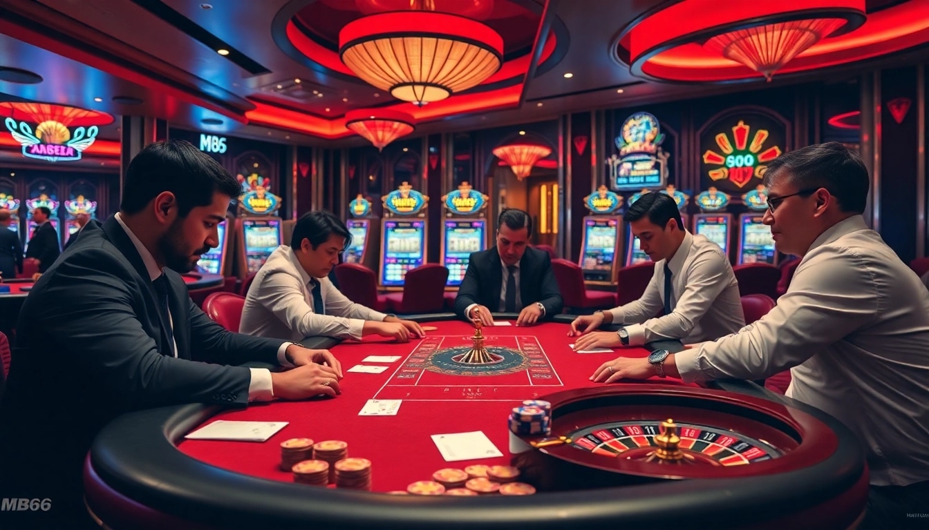 Experience thrilling poker action at MB66, showcasing elite players at a luxurious casino table.