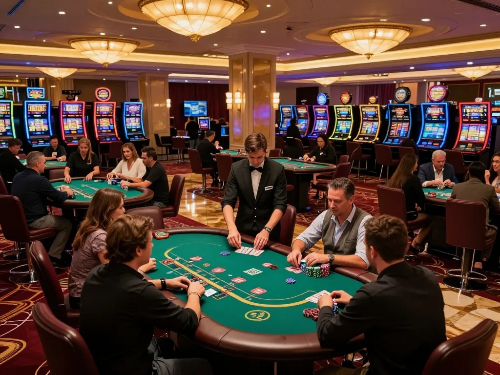 Players deep in strategy at king33 blackjack tables surrounded by vibrant casino ambiance.