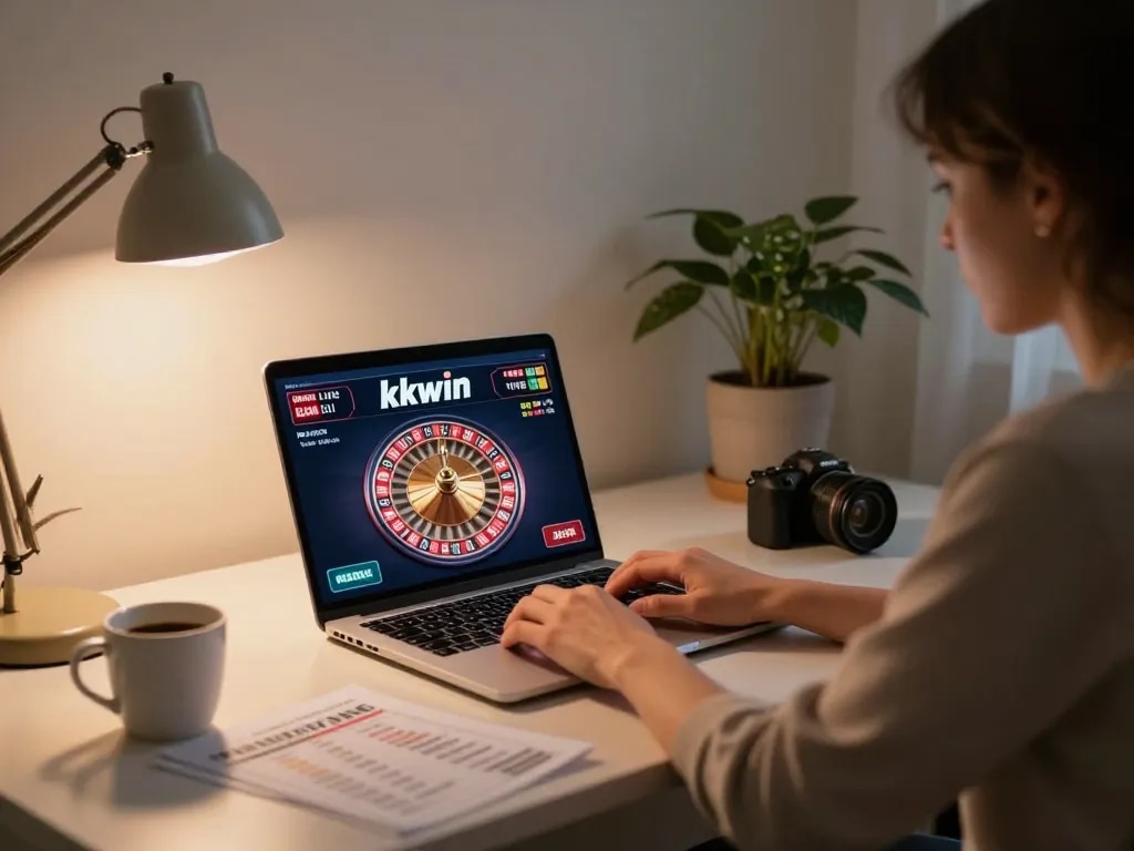 Person enjoying kkwin online gambling in a cozy home setup with warm lighting and stylish decor.