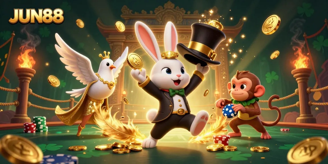 Experience thrilling gameplay at JUN88 with magical moments and animated casino fun in an engaging 3D illustration.