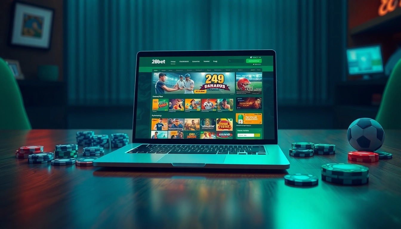28bet.bz online betting scene with a laptop showcasing vibrant gaming graphics.