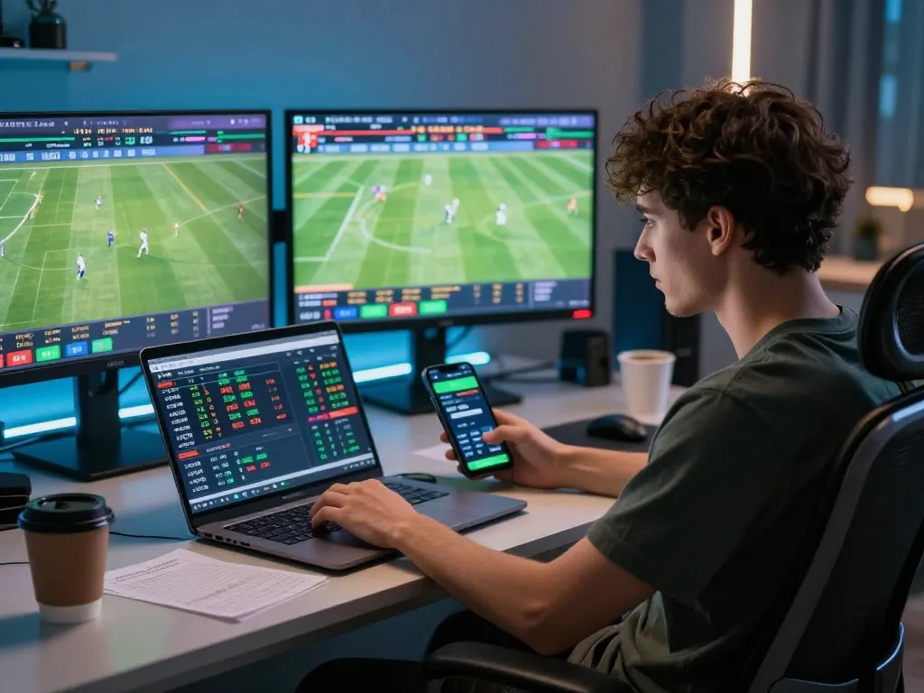 Engaged user bets live on luck88com while analyzing sports game odds on multiple screens.