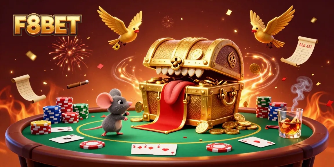 Experience thrilling gameplay with F8BET, showcasing a treasure chest and poker elements in an exciting casino setting.