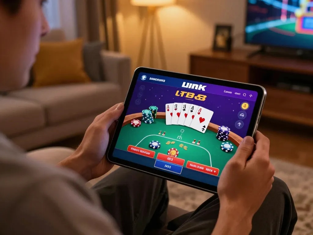 Engaging with Link FB88 on a tablet while strategizing in a cozy home gaming setup.