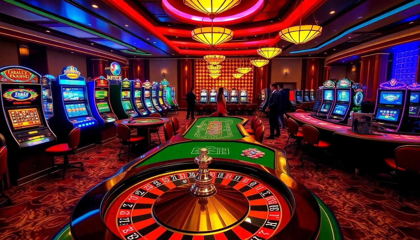 Players enjoy thrilling games at situs apiraja88 in a vibrant casino atmosphere.