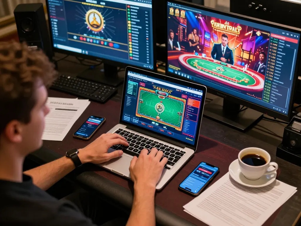 Player strategizing on 99OK gaming platform with multiple screens showing poker and sports betting