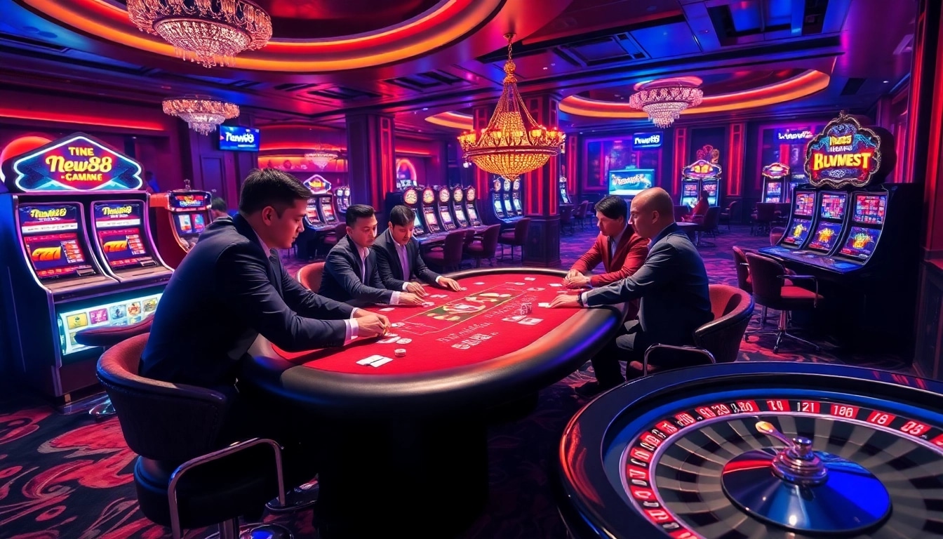 Exciting poker game at New88 casino showcasing professional players and vibrant atmosphere.