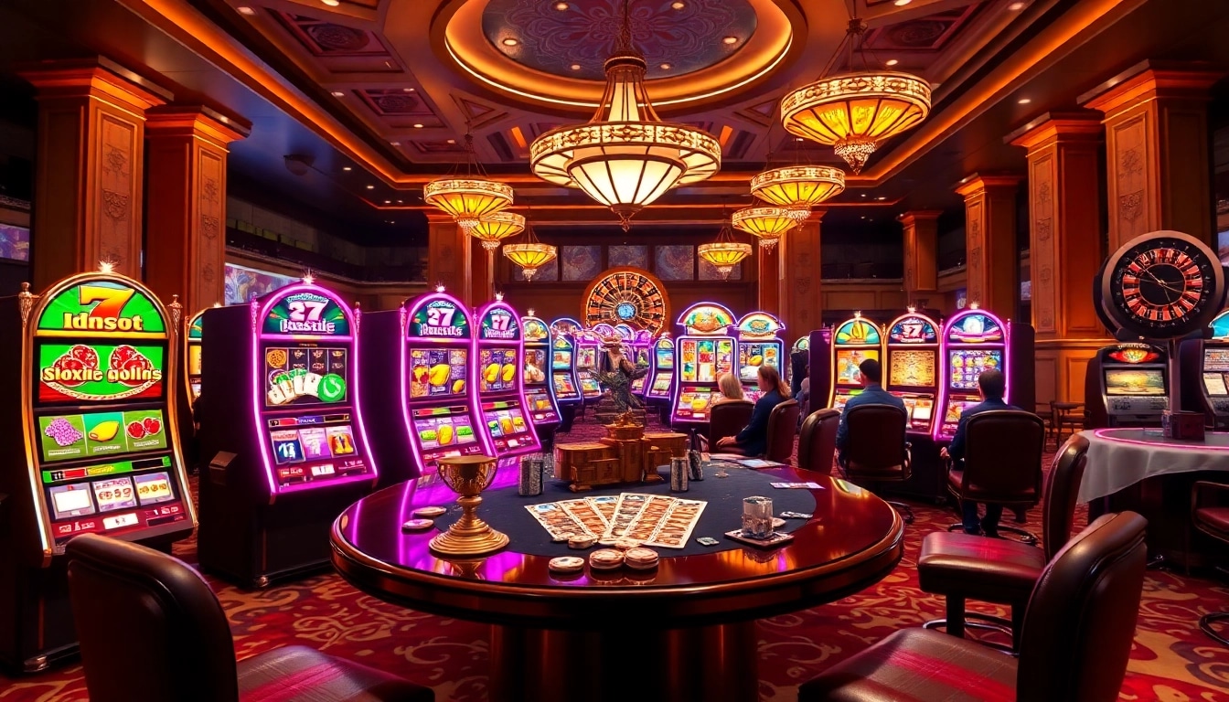 Engaged players celebrating big wins at idnslot casino games filled with vibrant slot machines.