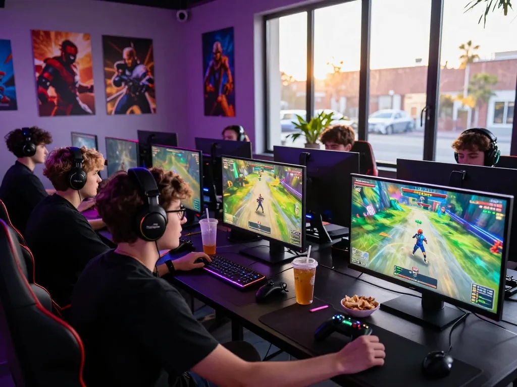 Gamers enjoying Panen178 online game in a colorful gaming lounge.