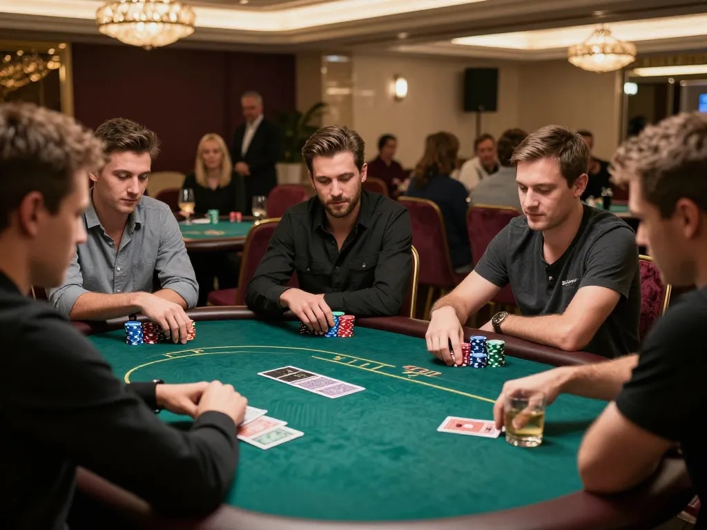 Players at nhà cái 388bet engaged in a strategic poker game, showcasing tension and skill at a luxurious table.