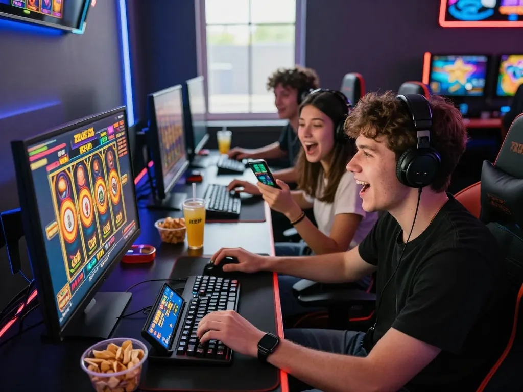 Friends enjoying an exciting gaming session on zeus138 platform, showcasing vibrant slot games and competitive atmosphere.