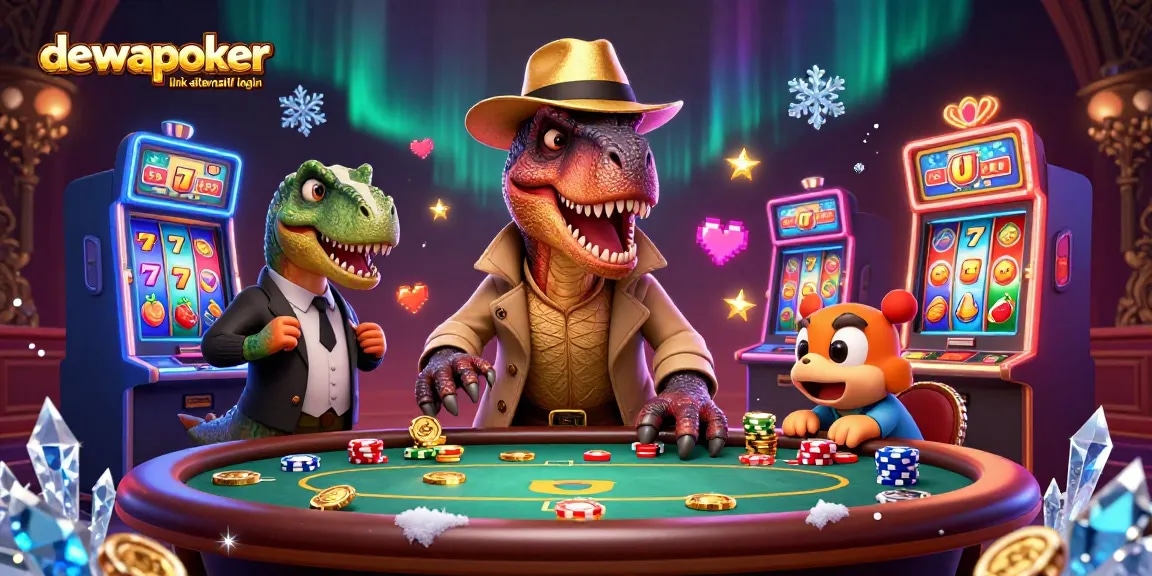 Dewapoker link alternatif login visualizes a 3D velociraptor at a poker table surrounded by vibrant slot machines and dynamic game elements.