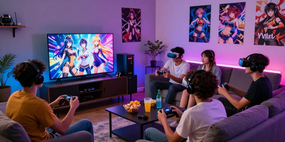 Gamers enjoying immersive hentai games in vibrant living room setting with VR headset and controllers.