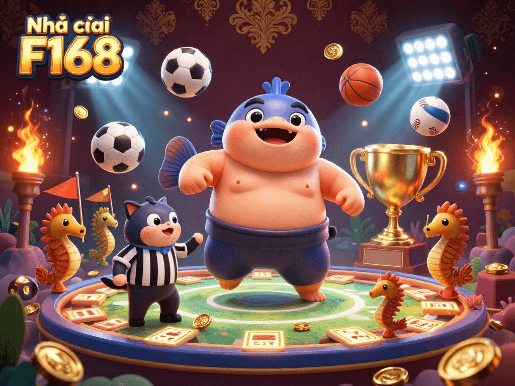Experience the excitement of Nhà cái F168 with a dynamic underwater gambling scene showcasing a fugu and catfish amidst sports elements.